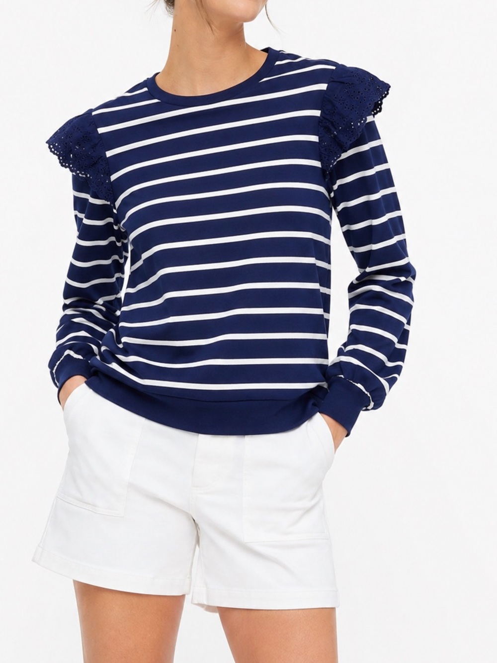 J. CREW Eyelet Ruffle Sweatshirt-Blue & White Stripe, Size Medium, NWT